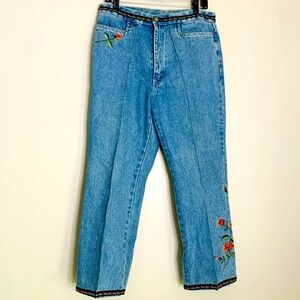 Vintage Bill Blass retro Jeans Embroidered Rose center seam women 12 blue jeans